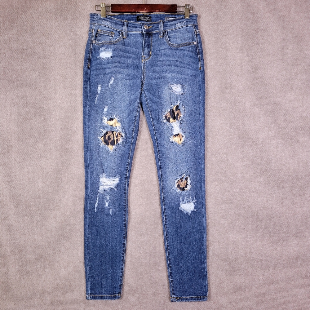 Judy Blue Jeans Womens 7/28 Skinny Distressed Animal Print Patches Blue Jeans